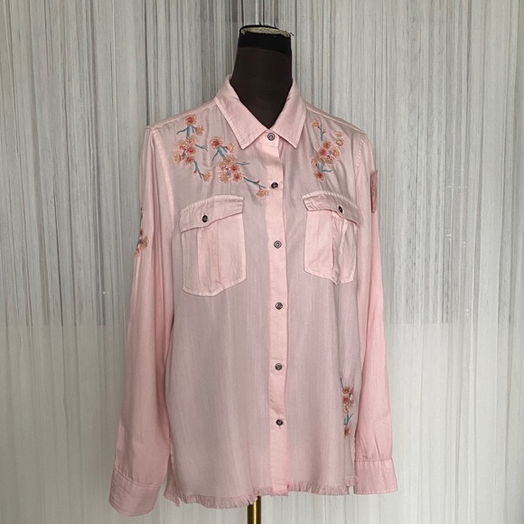 Billy-T Tops - Billy T Lyocell/CottonEmbroidered Pink Women's Button up Frey Hem Boho